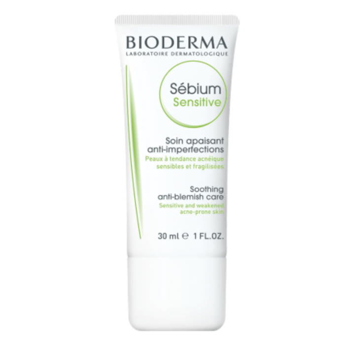 Bioderma Sébium Soothing Anti-Blemish Care bottle, 30ml, with clear packaging and product label visible.