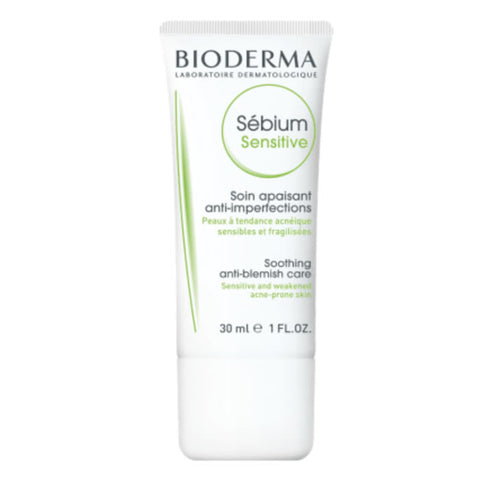 Bioderma Sébium Soothing Anti-Blemish Care bottle, 30ml, with clear packaging and product label visible.