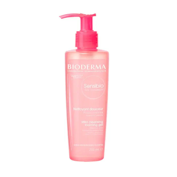 Bioderma Sensibio Foaming Gel 200ml in a clear bottle with pump, designed for sensitive skin cleansing, by Jag Couture London New York