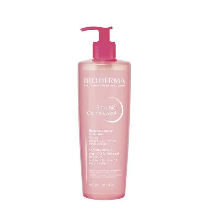 Bioderma Sensibio Foaming Gel 500ml, gentle facial cleanser for sensitive skin, in a clear plastic bottle with pump dispenser.