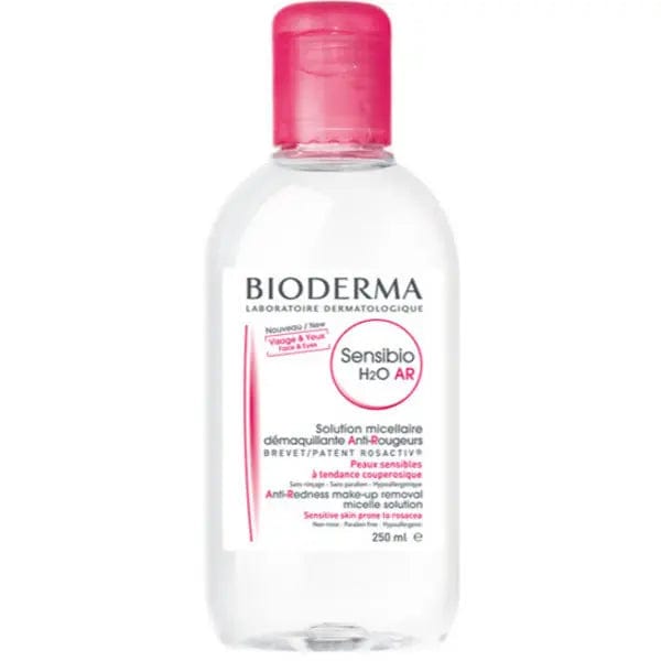 Bioderma Sensibio H2O AR anti-redness makeup removal micelle solution in a 250ml bottle, suitable for sensitive skin.