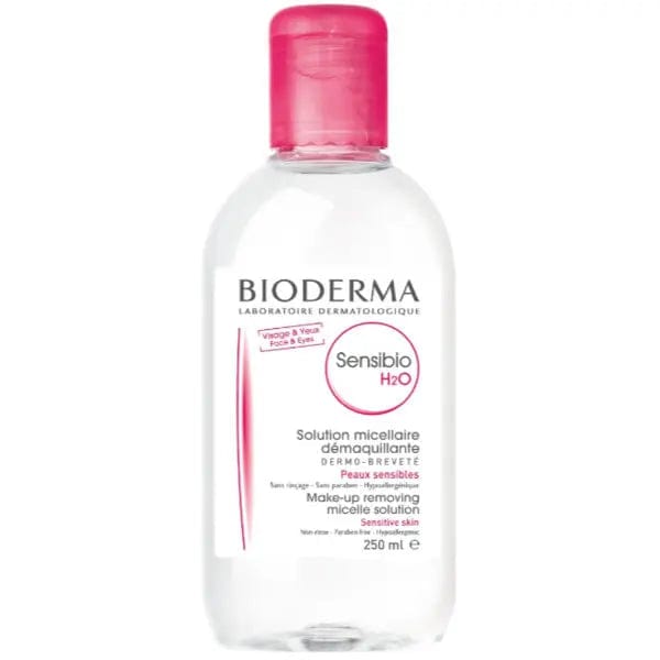 Bioderma Sensibio H2O Micelle Solution 250ml for gentle makeup removal, in a clear bottle with blue accents, by Jag Couture London.