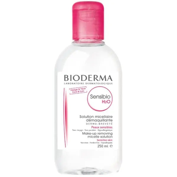 Bioderma Sensibio H2O micelle water for makeup removal in 250ml bottle, gentle skincare from Jag Couture London New York