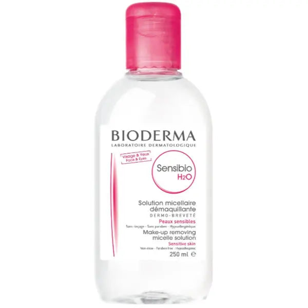 Bioderma Sensibio H2O micelle solution in a 250ml bottle, suitable for gentle makeup removal and sensitive skin.