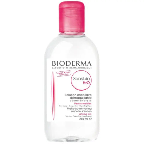Bioderma Sensibio H2O micelle solution in a 250ml bottle, suitable for gentle makeup removal and sensitive skin.