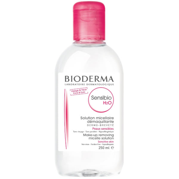Bioderma Sensibio H2O micellar water for makeup removal, 250ml bottle, gentle skincare solution from Jag Couture London.