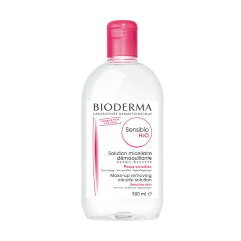 Bioderma Sensibio H2O makeup removing micelle solution 500ml, skincare product by Jag Couture London New York, clear liquid in bottle