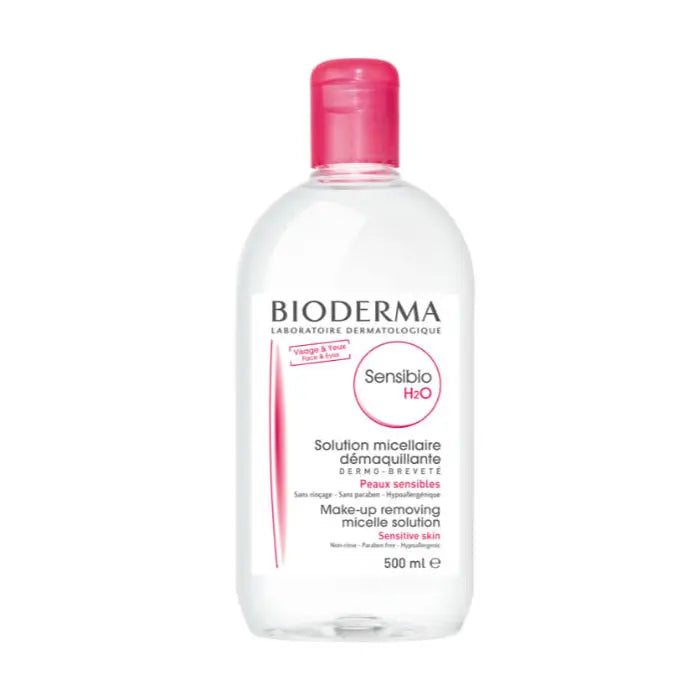 Bioderma Sensibio H2O micelle makeup remover solution in a 500ml bottle, suitable for sensitive skin, on a clean surface.