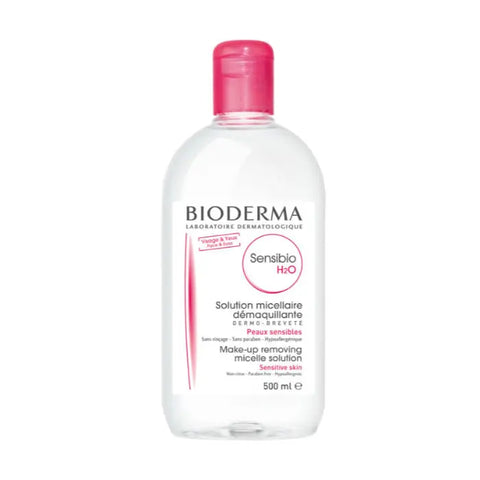 Bioderma Sensibio H2O micelle makeup remover solution in a 500ml bottle, suitable for sensitive skin, on a clean surface.