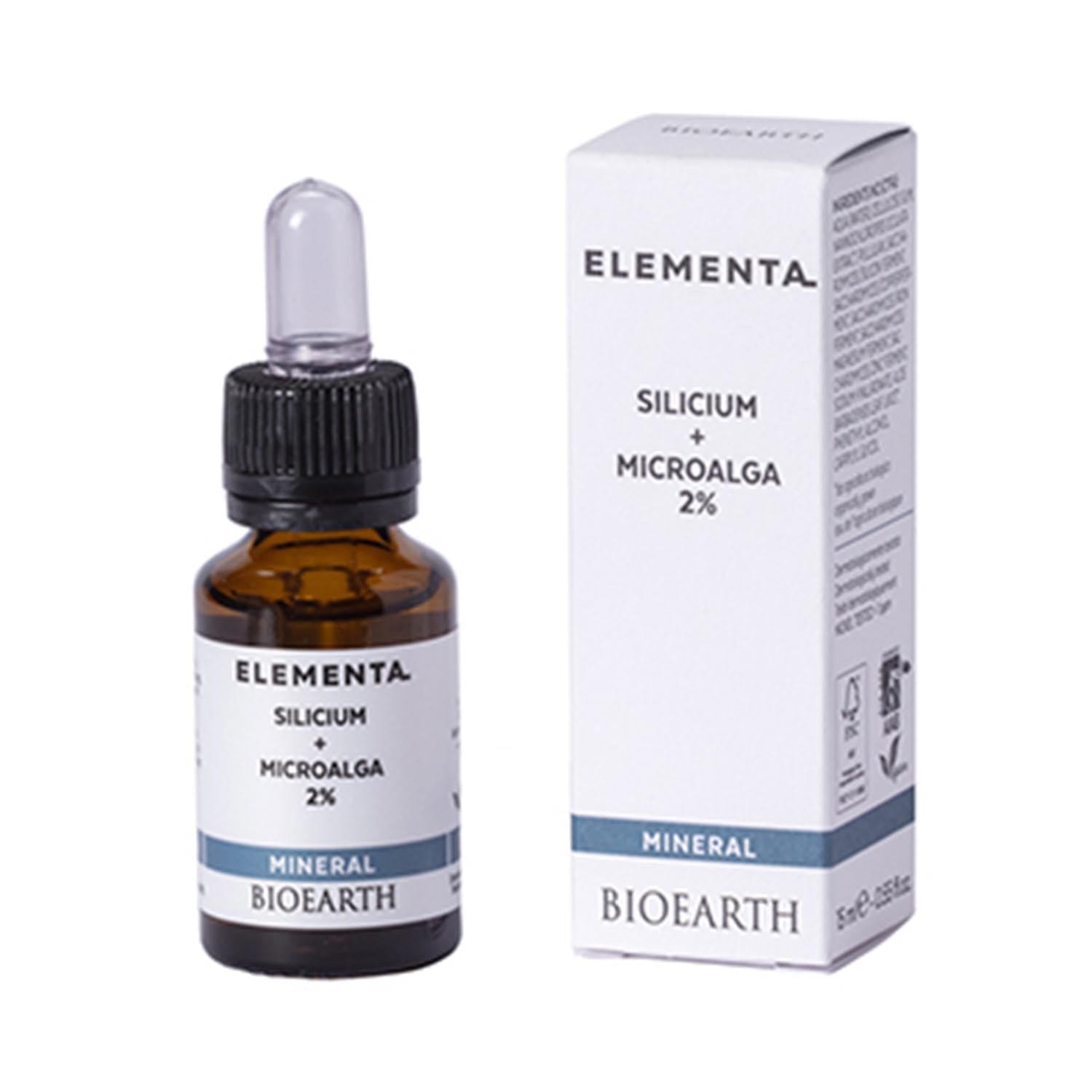 Bioearth Elementa mineral silicium concentrate with microalga in a 15ml bottle, by Jag Couture London New York.