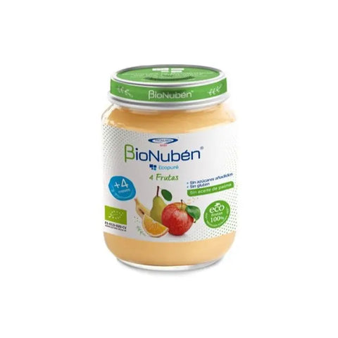 Bionubén Ecopure 4 Fruits baby food jar by Jag Couture London New York, 200g with colorful fruit illustrations