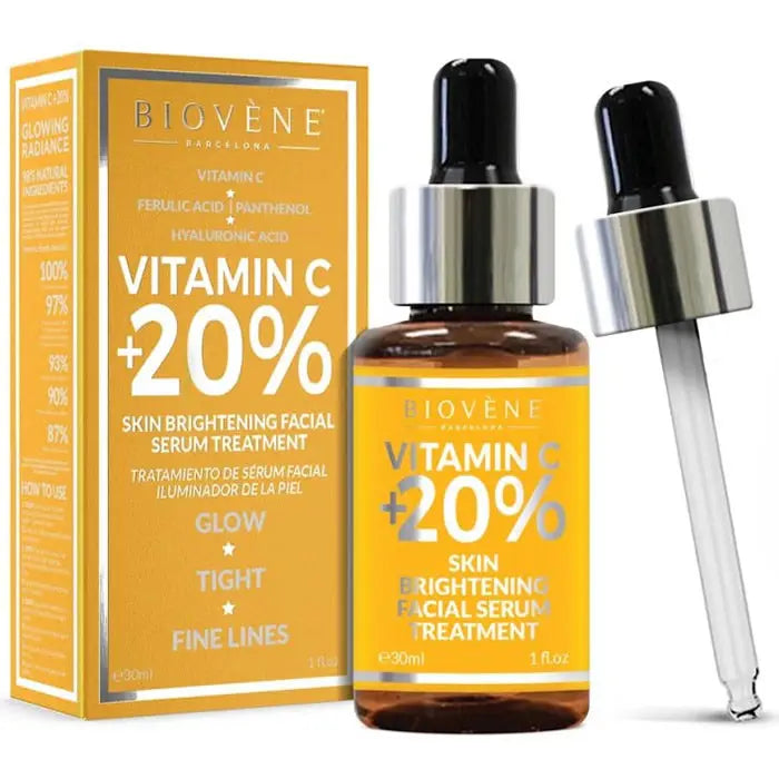 Jag Couture London Biovene Vitamin C 20% skin brightening facial serum 30ml bottle, clear packaging with orange and white design.