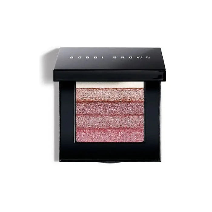 Bobbi Brown Shimmer Brick in Rose, 10.3g, featuring a compact with shimmering pink and peach highlighter and blush tones.