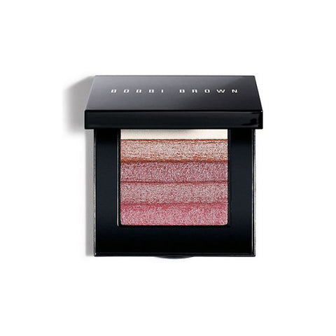 Bobbi Brown Shimmer Brick Rose compact with pink and champagne highlighters, featuring a sleek case and shimmering finish.