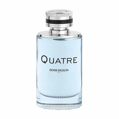 Boucheron Quatre Homme Eau De Toilette spray 100ml, sleek glass bottle with geometric design, fragrance for men.