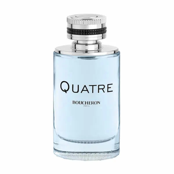 Boucheron Quatre Homme Eau De Toilette spray 100ml bottle with elegant packaging, featuring a sleek design and sophisticated branding.