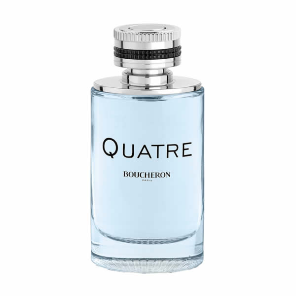 Boucheron Quatre Homme Eau de Toilette spray 100ml with sleek bottle design, showcased on a neutral background.
