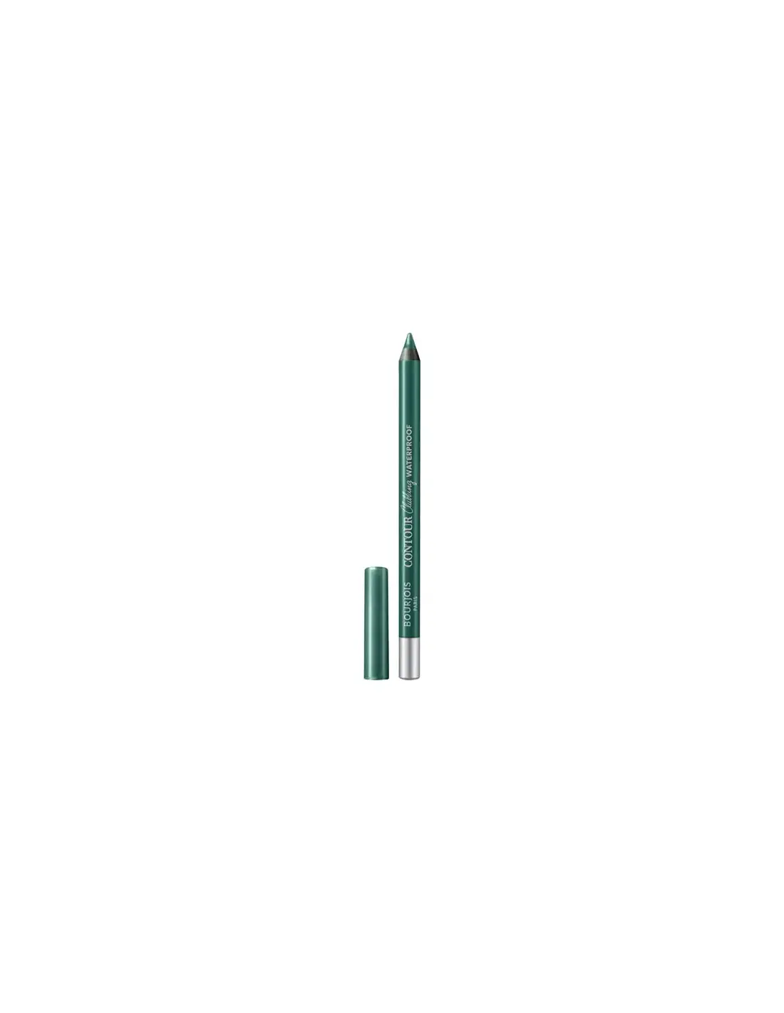 Bourjois Contour Clubbing waterproof green eyeliner pencil by Jag Couture London, 1.2g, with the pencil sharpened and swatched.
