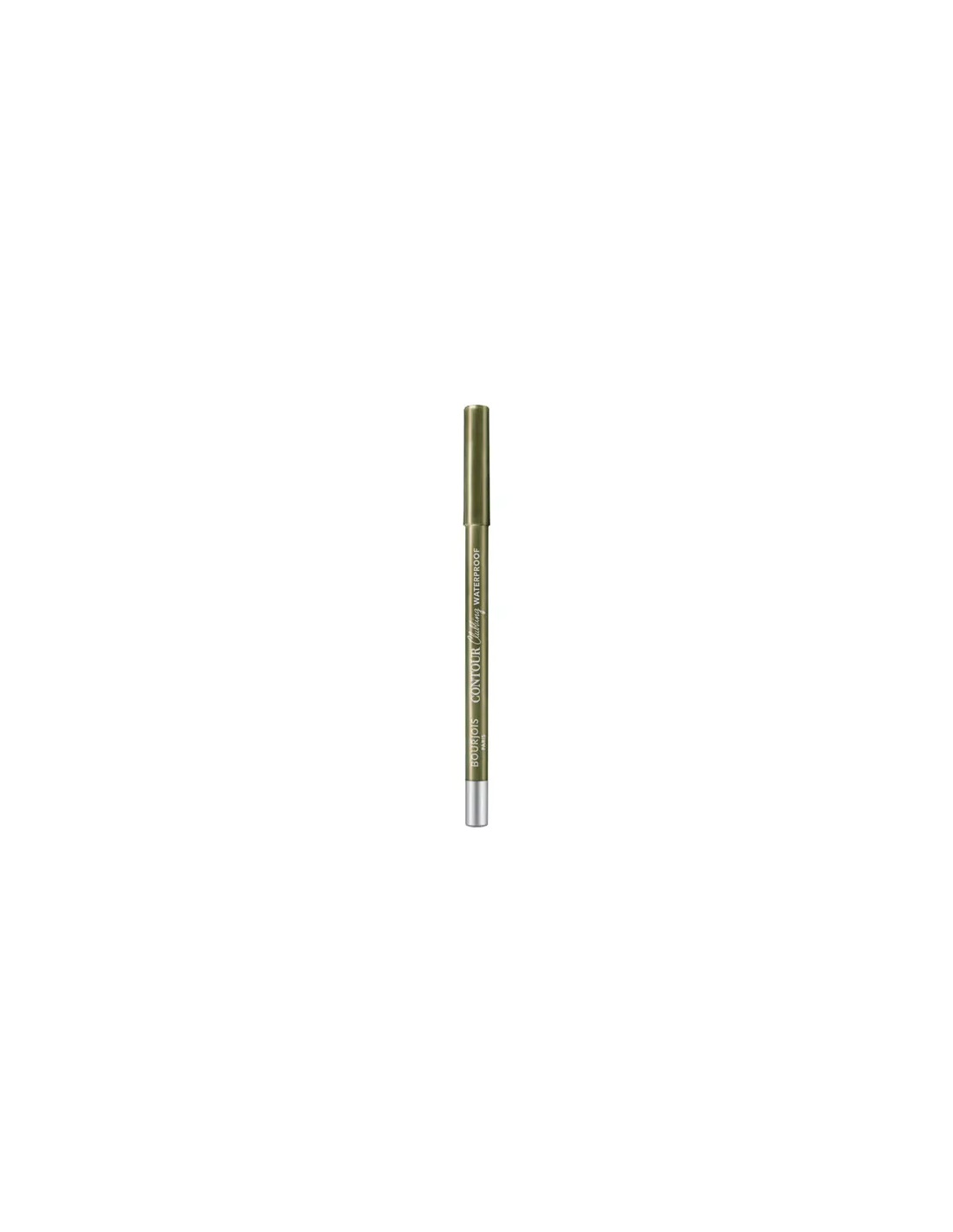 Bourjois Contour Clubbing waterproof eye eyeliner in Kaki'n'Gold, 1.2g, with a close-up of the pencil and color swatch.
