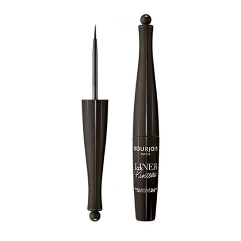 Bourjois waterproof eyeliner pen with brush tip in shade 002 Brun Impressionniste, 2.5ml, displayed with product packaging.