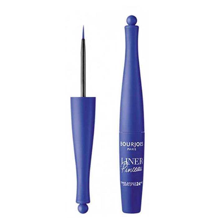 Bourjois waterproof eyeliner with brush tip in shade Bleu Pop Art, 2.5ml, featuring sleek packaging and bold blue color.