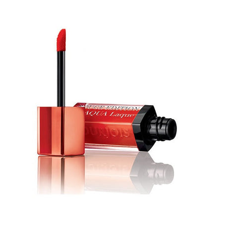 Bourjois Rouge Edition Aqua Laque 06 Feeling Reddy lip gloss in 7.7ml tube, vibrant red shade, from Jag Couture London - New York