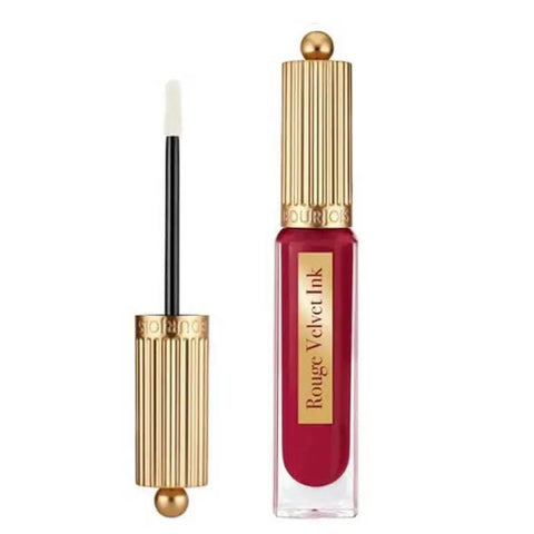 Bourjois Rouge Velvet Ink 10 Re(d)Belle liquid lipstick in 3.5ml tube, featuring a vibrant red shade from Jag Couture London.