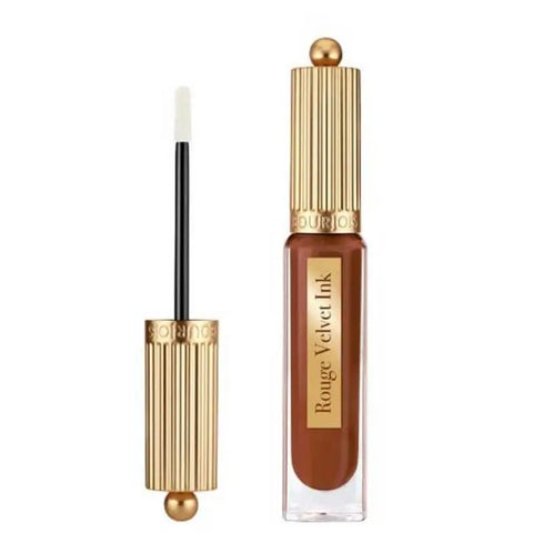 Bourjois Rouge Velvet Ink 18 All About Brown liquid lipstick in a 3.5ml tube, featuring a soft brown shade and sleek applicator.