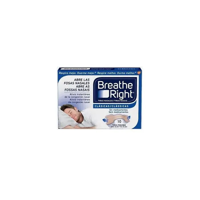 Small size Breathe Right nasal strips in a clear pack, designed to help improve airflow and nasal comfort.