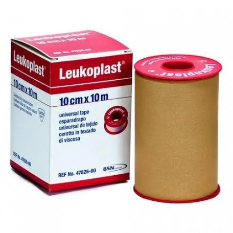 Leukoplast meat-colored plaster by BSN Medical, 10m x 10cm, showing a roll of sterile adhesive bandage for wound care.