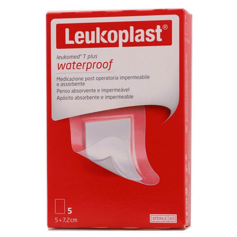 BSN Medical Leukoplast T Plus dressings, 5x7cm, 5 units, with sterile adhesive bandages on a clean surface.