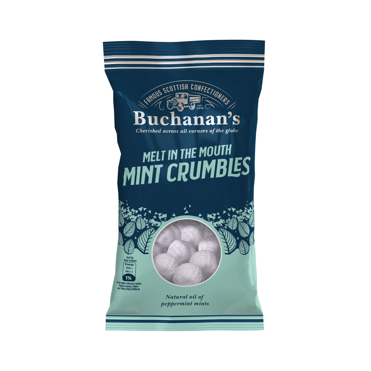 Bag of Buchanan's Melt In the Mouth Mint Crumbles by Jag Couture London - New York, showing mint crumble pieces in a clear bag.