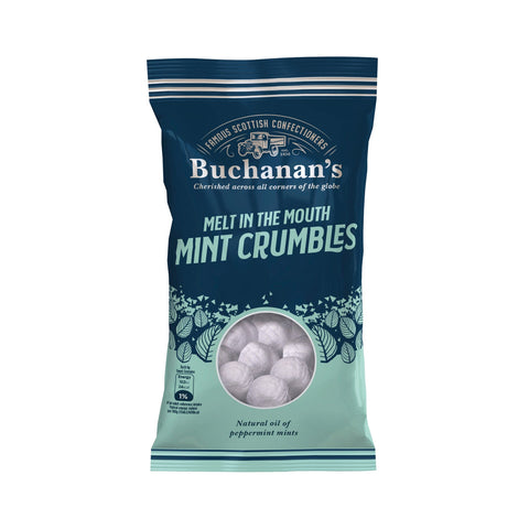 Bag of Buchanan's Melt In the Mouth Mint Crumbles by Jag Couture London - New York, showing mint crumble pieces in a clear bag.