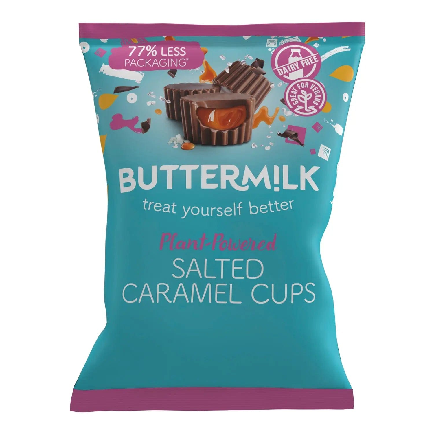 Buttermilk Dairy Free Salted Caramel Cups in pouch by Jag Couture London - New York, showing creamy caramel chocolates in resealable pouch.