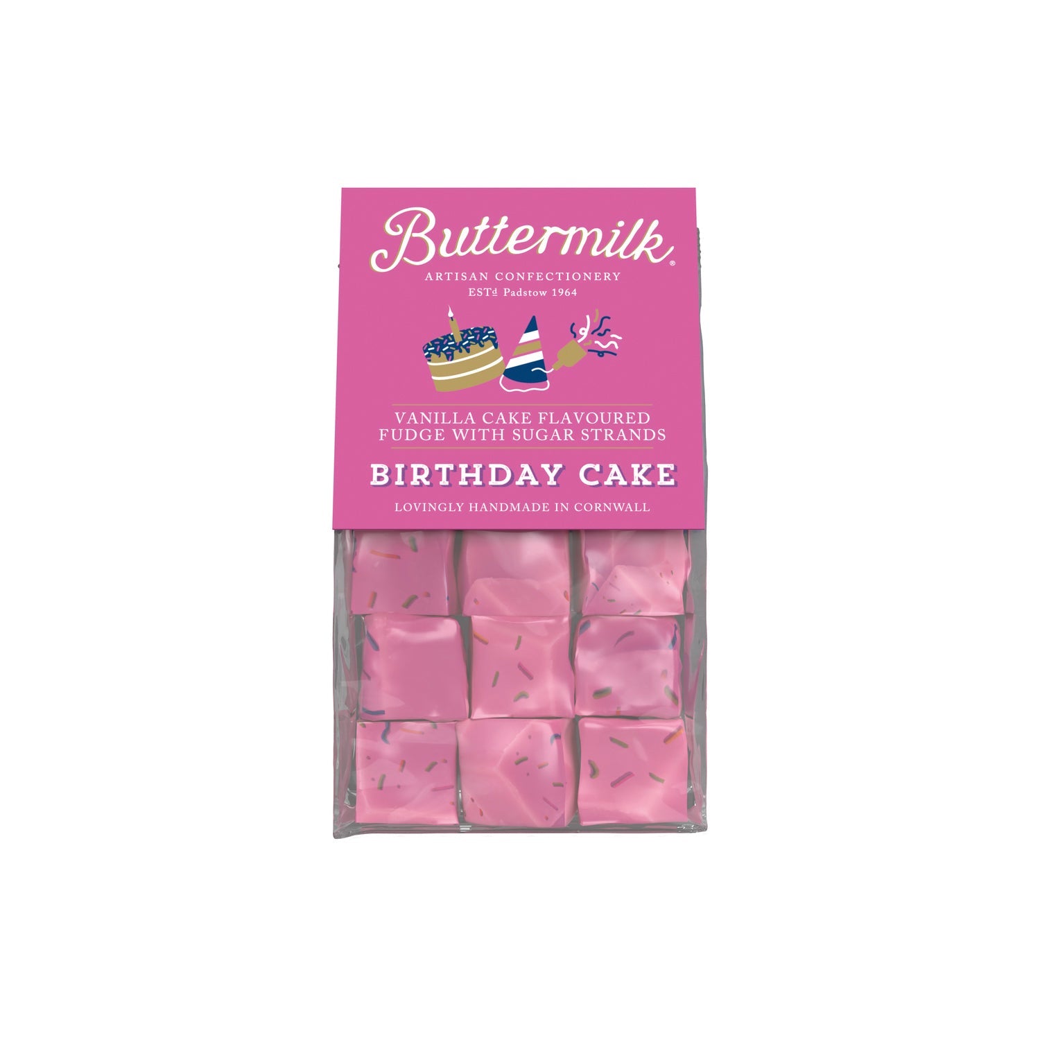 Buttermilk smooth birthday cake fudge in grab bag by Jag Couture London New York, soft creamy texture and festive flavor.