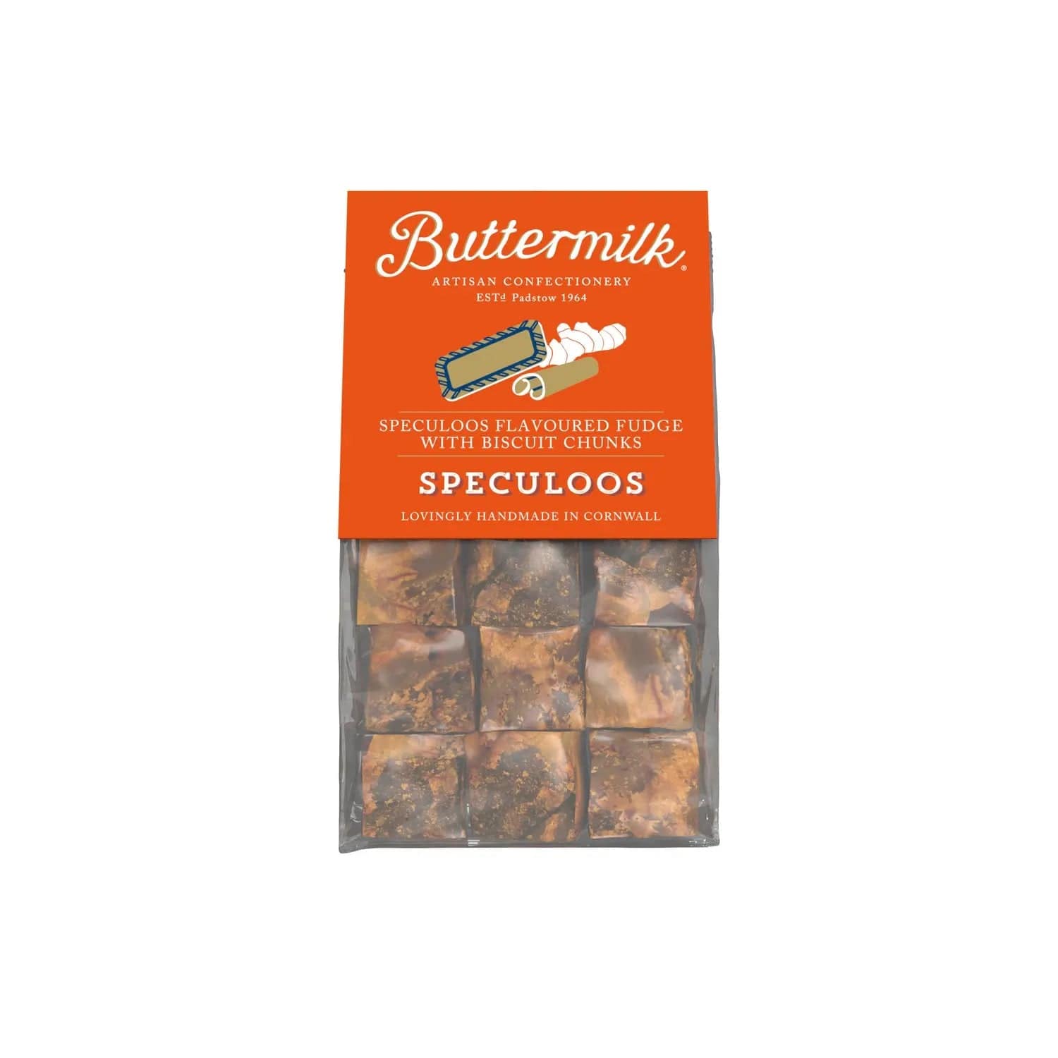 Buttermilk smooth speculoos fudge in grab bag from Jag Couture London - New York, showing creamy fudge pieces and packaging.