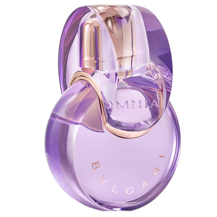Bvlgari Omnia Amethyste Eau de Toilette spray 50ml bottle with purple floral design, displayed on a neutral background.