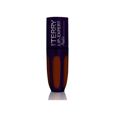 By Terry Lip Expert Matte in Flirty Brown, showcasing the lipstick tube and swatch of the matte brown shade.