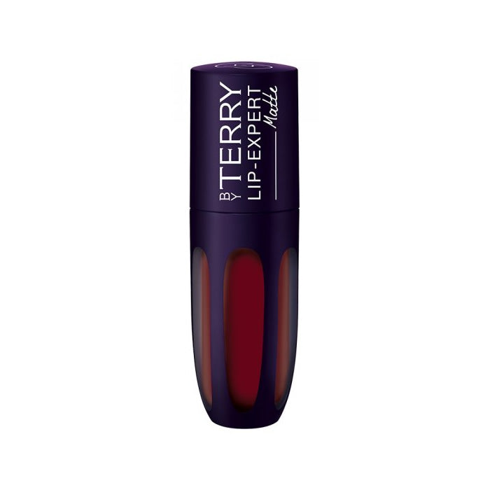 By Terry Lip Expert Matte lipstick in Gypsy Wine, deep berry shade, showcased with the product tube and swatched on lips.