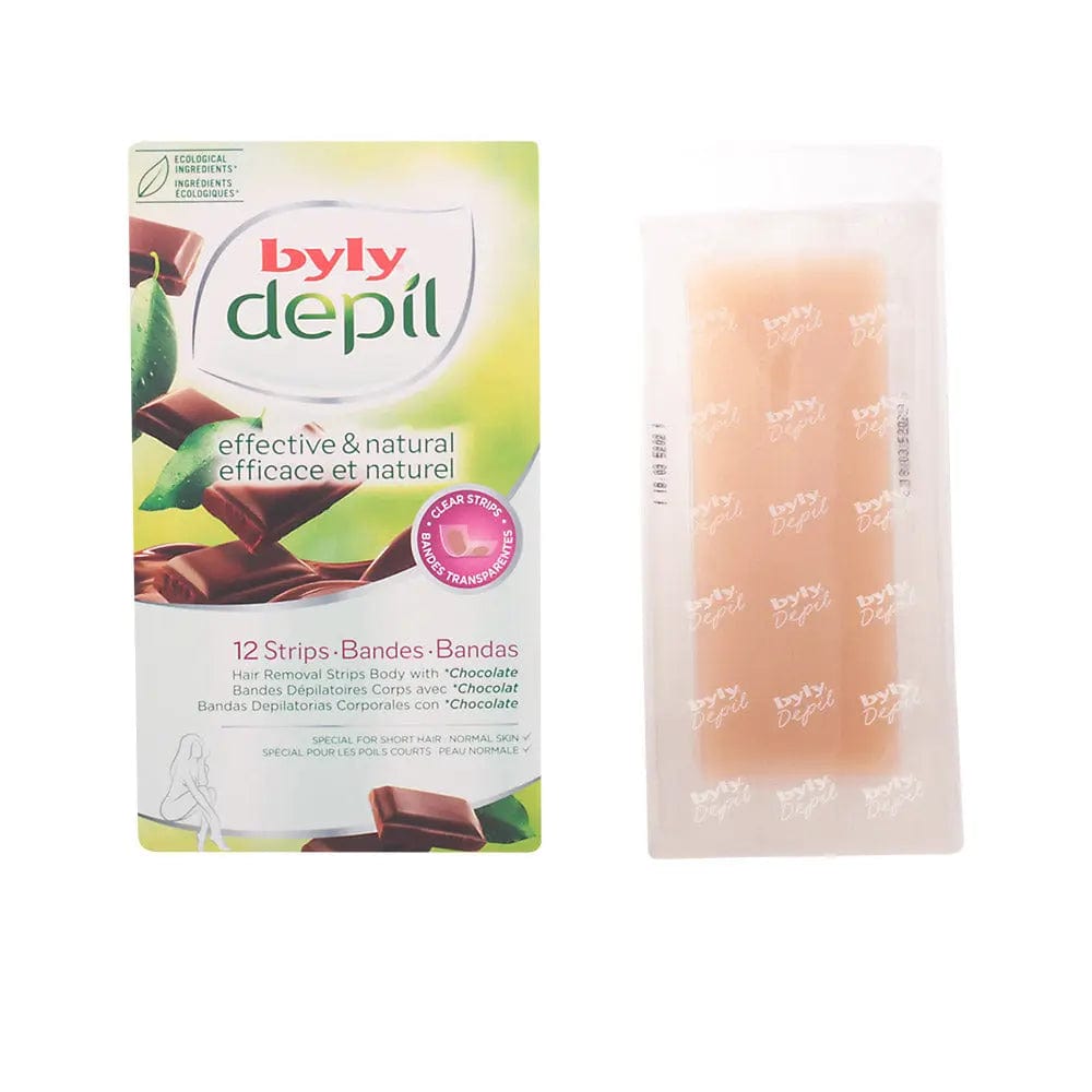 Jag Couture London Byly Depil Chocolate Hair Removal Strips for body, showing 12 units with chocolate-infused formula.