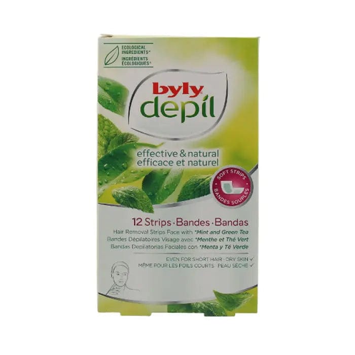 Byly Depil Facial Hair Removal Strips by Jag Couture London with mint and green tea, 12 pre-cut strips for gentle skin depilation.