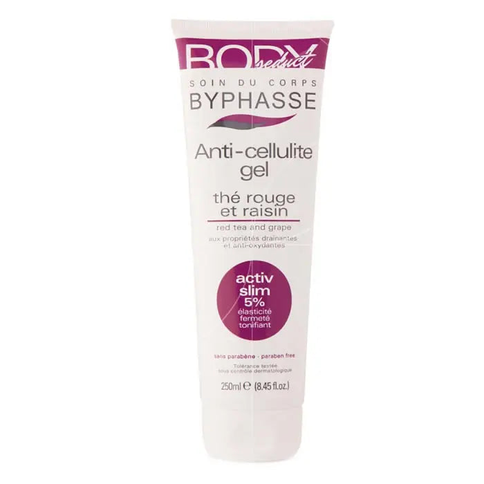 Byphasse anti-cellulite gel with red tea and grape extract in a 250ml bottle, shown in a sleek container with vibrant label.