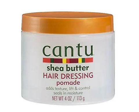 Cantu Shea Butter Hair Dressing Pomade 113g in a jar, featuring smooth, creamy texture for hair styling and moisture.