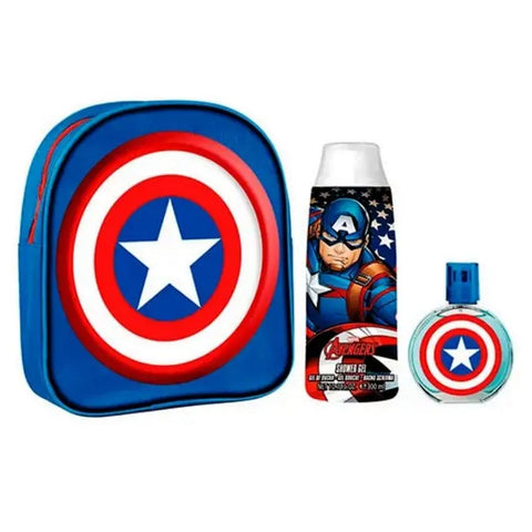 Captain America Eau De Toilette Spray set with three 50ml bottles by Jag Couture London - New York, featuring superhero-themed packaging.