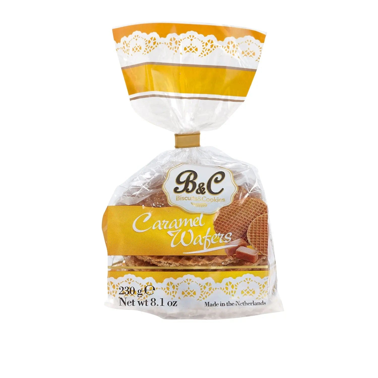 Jag Couture London New York caramel wafers in a bag, showing the crispy, golden-brown treats inside.