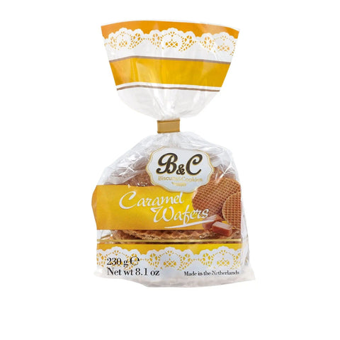 Jag Couture London New York caramel wafers in a bag, showing the crispy, golden-brown treats inside.
