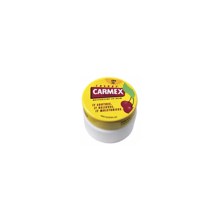 Carmex Cherry lip balm in a 7.5g jar with cherry flavor, by Jag Couture London New York, showing the jar open with balm inside