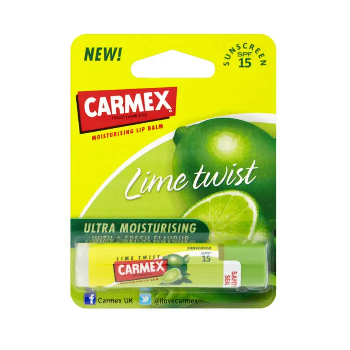 Carmex Lime Twist lip balm stick by Jag Couture London New York, 4.25g, featuring a lime-flavored moisturizing balm in a twist tube.