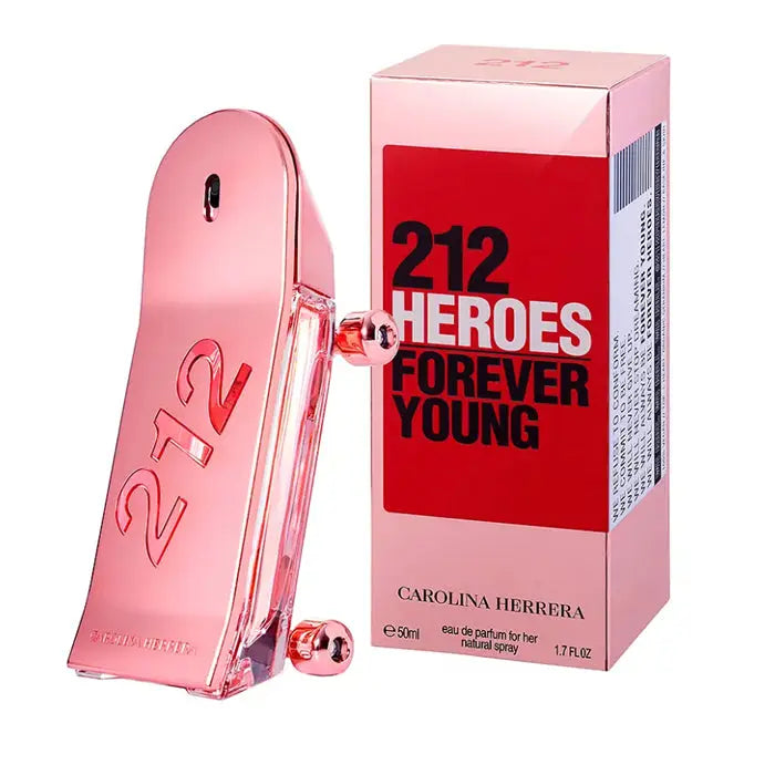 Carolina Herrera 212 Heroes For Her Eau De Perfume spray 50ml, elegant bottle with floral and citrus notes, on a white background.