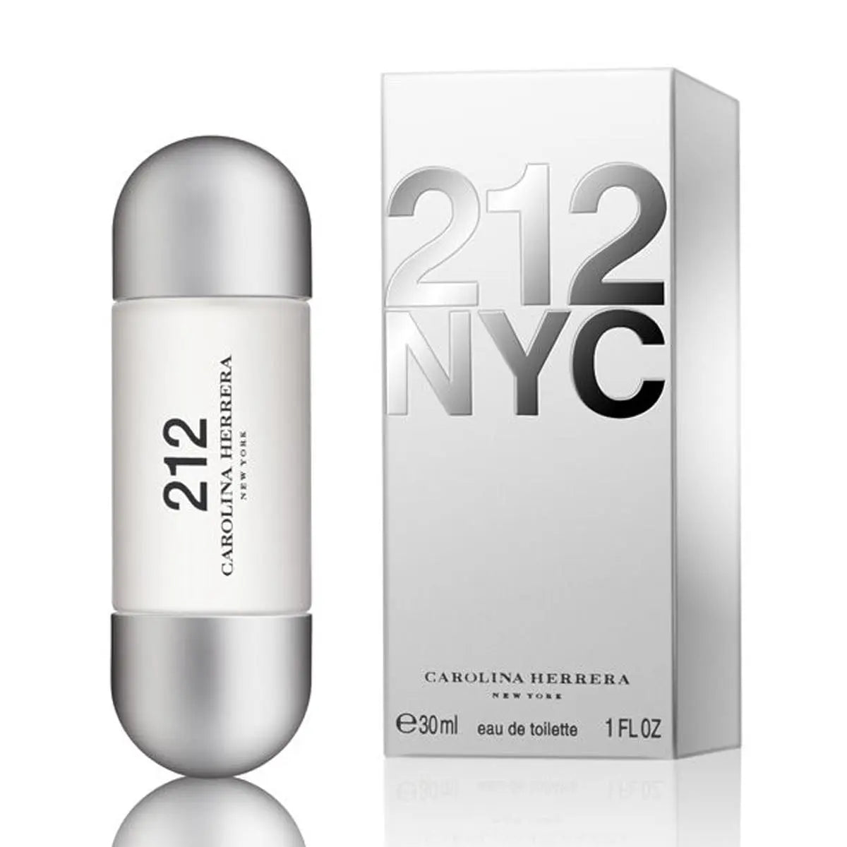 Carolina Herrera 212 NYC Eau de Toilette spray in 30ml bottle, displayed on a sleek surface with a modern design.